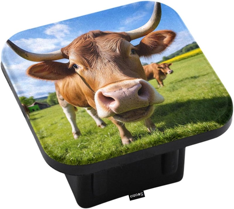 Swono Bull Truck Hitch Cover - Farm Animal Cattle in Green Grass Meadow - Square Trailer Tube Plug Insert, 2" Towing Rear for Men Women, Easy to Install - Image 1